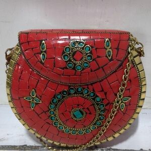 ANTIK KRAFT Metal Red Mosaic Small Bag with Turquoise Accent and Gold Chain